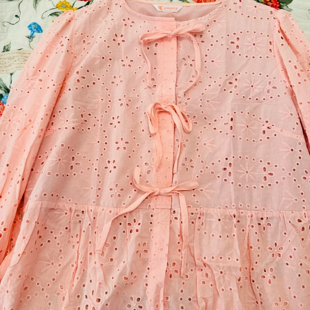Eyelet Bows Pink Blouse - Picture 3 of 12